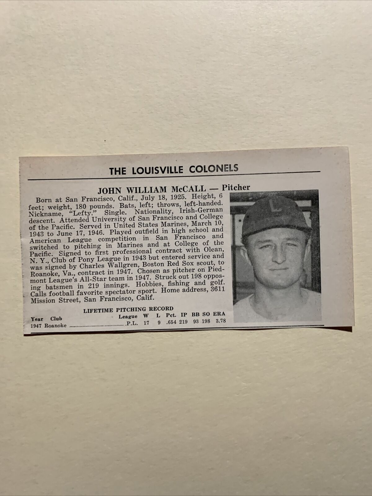 Windy McCall Jim Shea Louisville Colonels 1948 AA Minor Lg. Baseball Panel