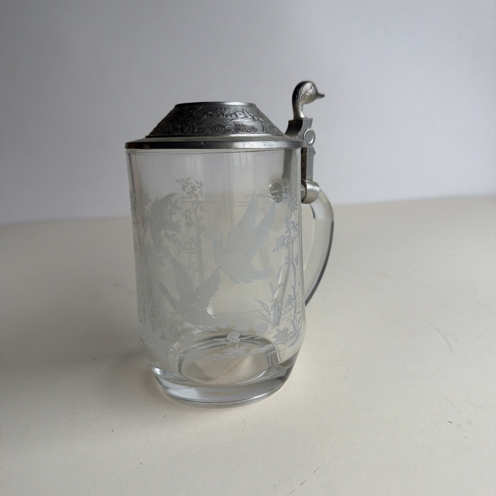 Vintage German Glass Beer Stein Pewter Lid Made in Western Germany Etched Mug Vintage German Glass Beer Stein Pewter Lid Made in Western Germany Etched Mug