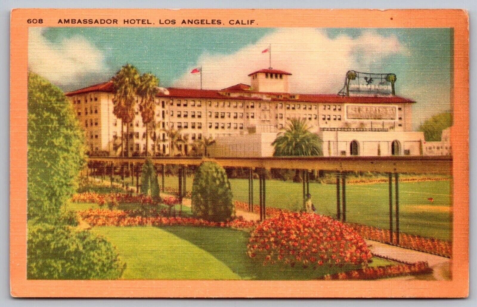 Los Angeles California Ambassador Hotel Building Streetview Linen WOB Postcard