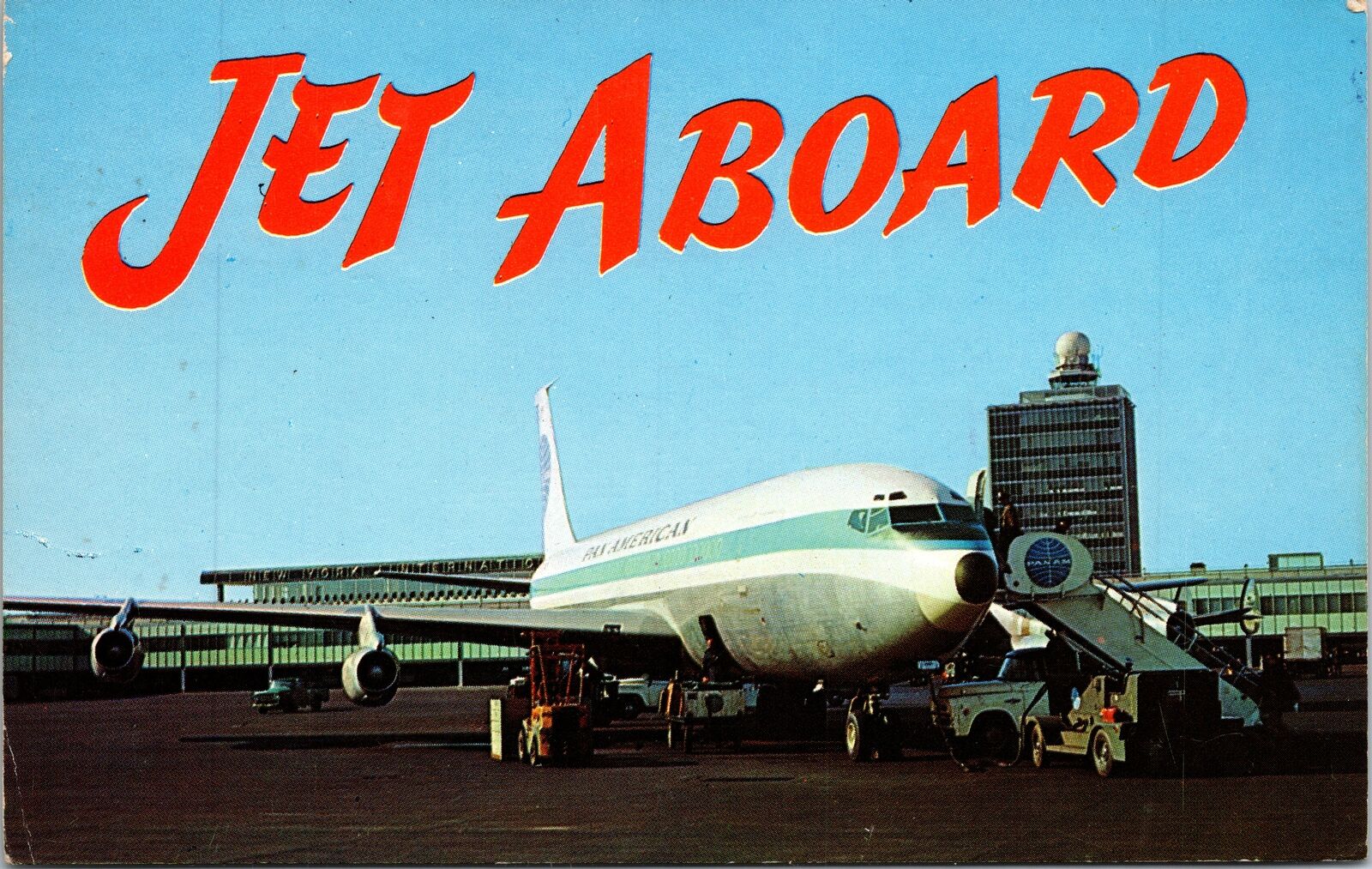 VINTAGE POSTCARD JET ON TARMAC AT NEW YORK INTERNATIONAL AIRPORT (1963)