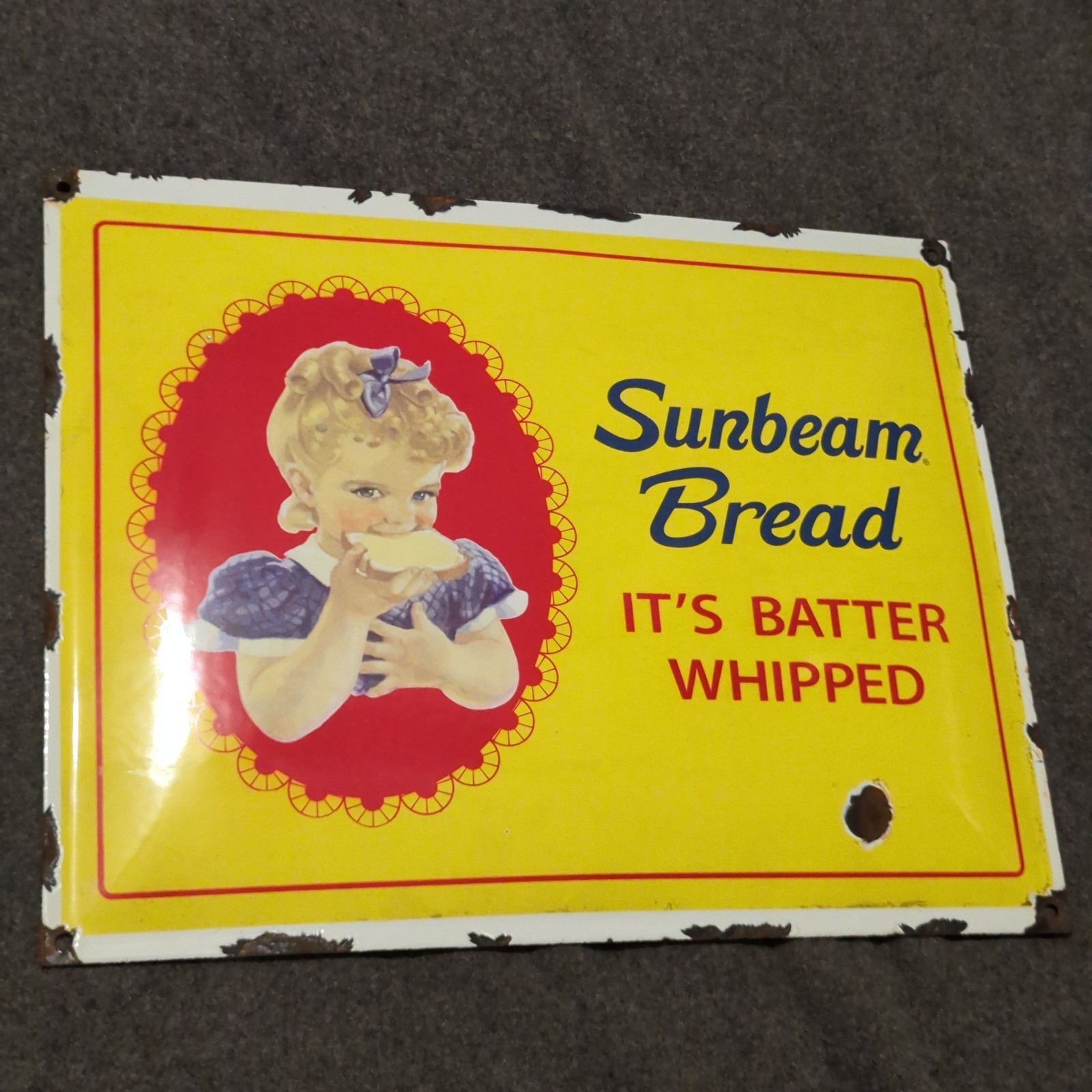 Vintage Sunbeam Bread Porcelain Enamel Sign Rare Concave Original Patina 16x13