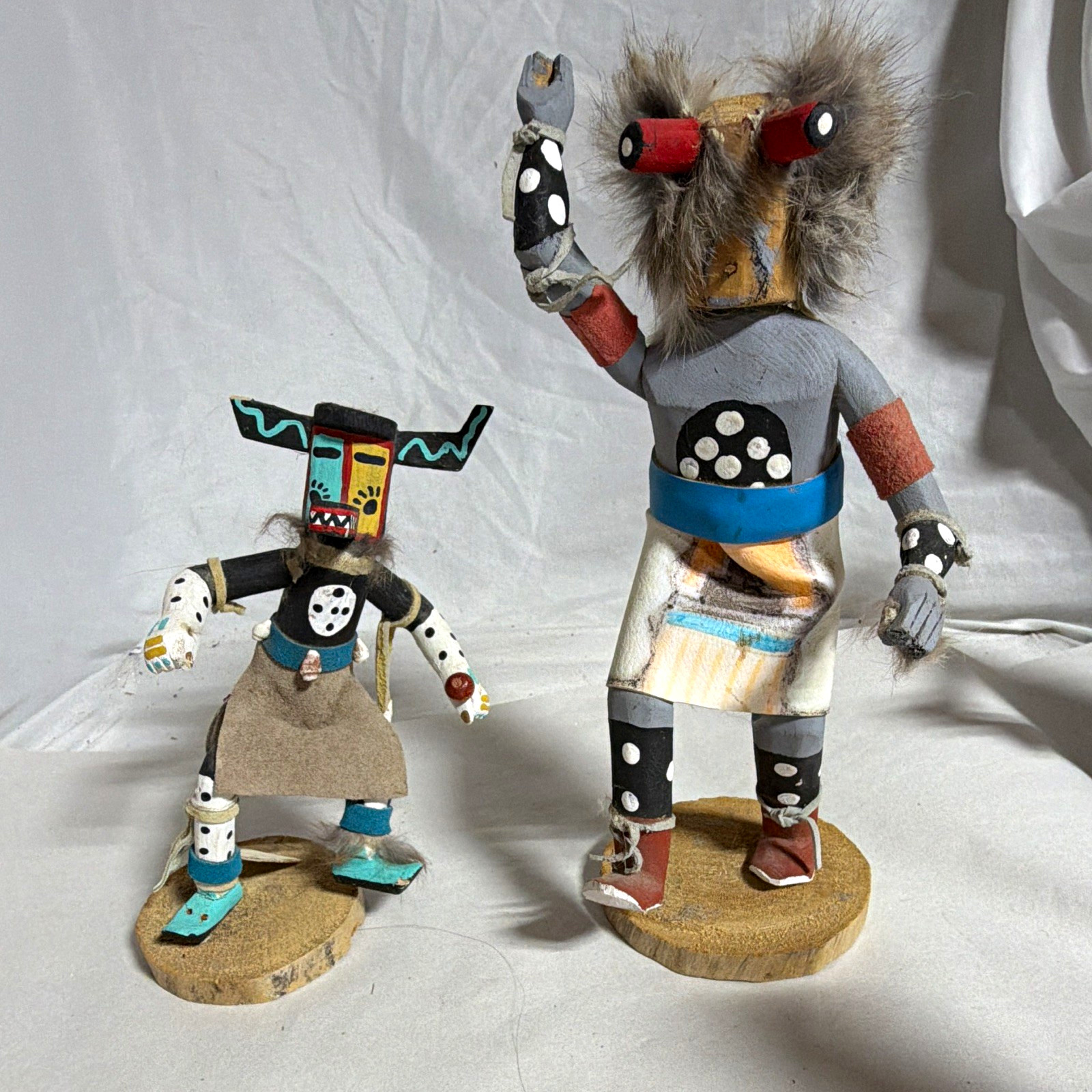 Hopi Handmade Hand-Painted Kachina Style Doll Figures Pair Signed Wood Bases Hopi Handmade Hand-Painted Kachina Style Doll Figures Pair Signed Wood Bases