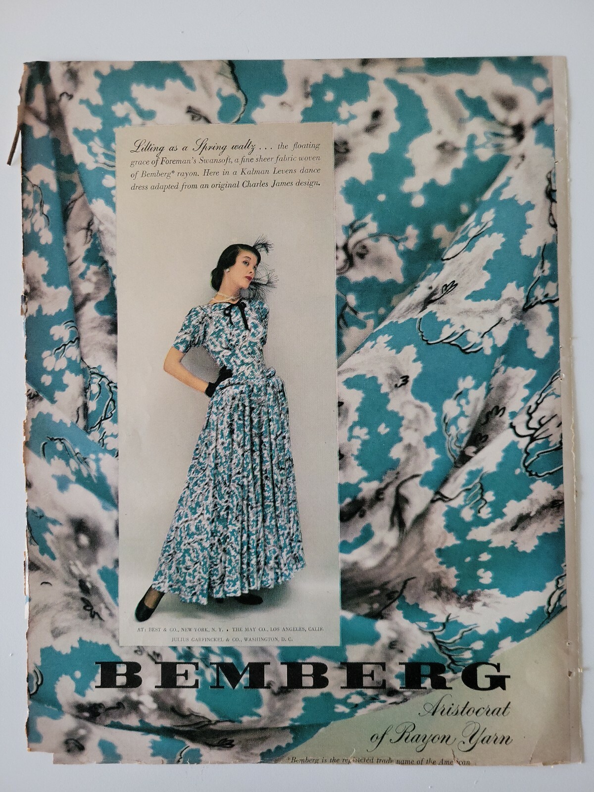 1948 women\'s Charles James Bemberg fabric dress vintage fashion ad 1948 women\'s Charles James Bemberg fabric dress vintage fashion ad