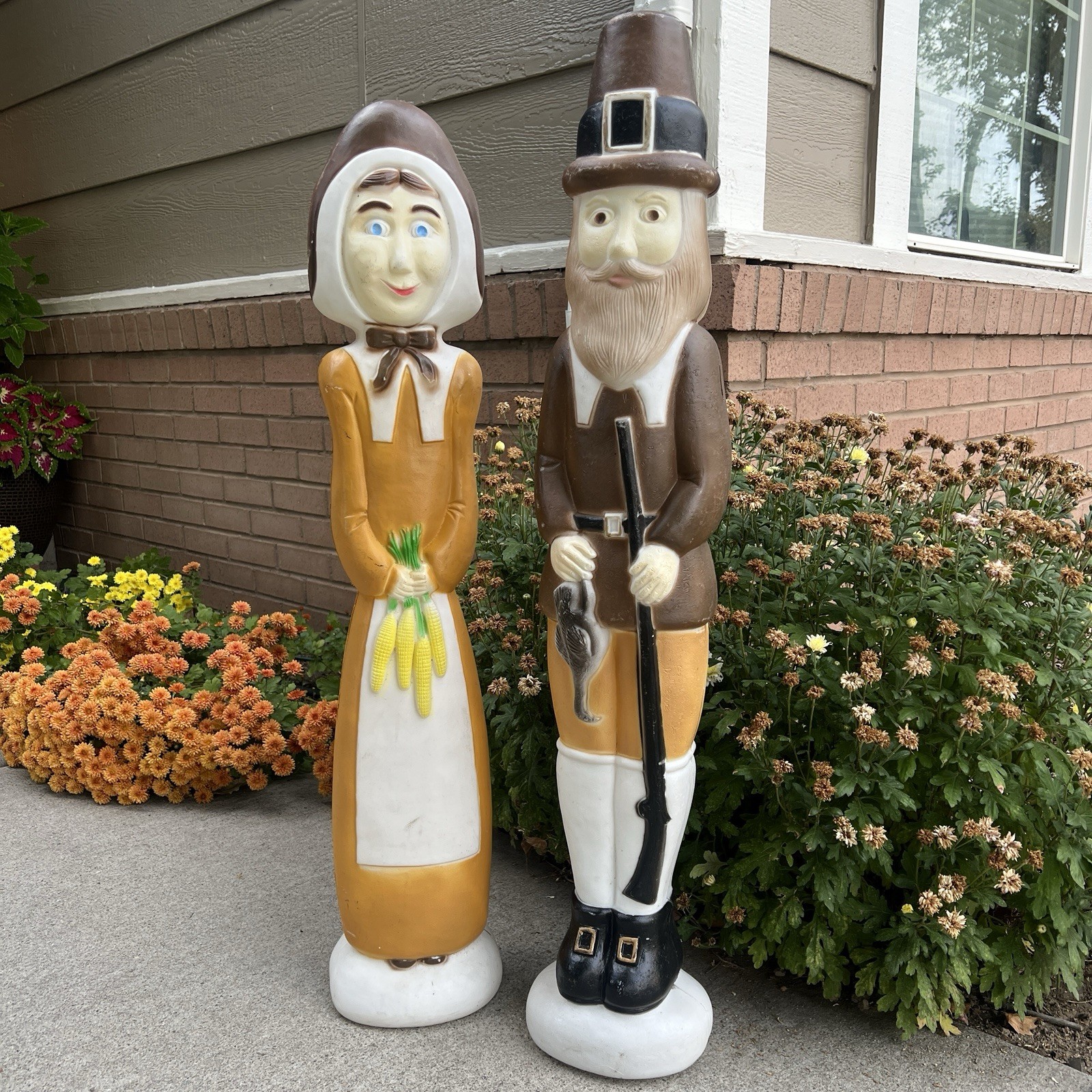 VTG Don Featherstone Pilgrim Blow Molds Couple Thanksgiving Man/Woman Unlit 34”