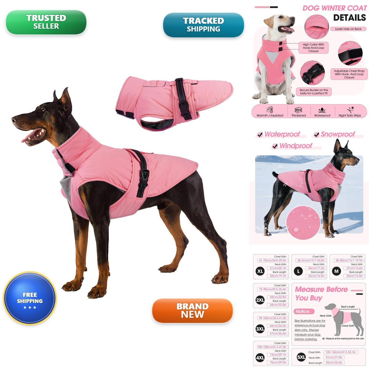 OUOBOB Waterproof Dog Jacket Fleece Lined Pink 3XL OUOBOB Waterproof Dog Jacket Fleece Lined Pink 3XL