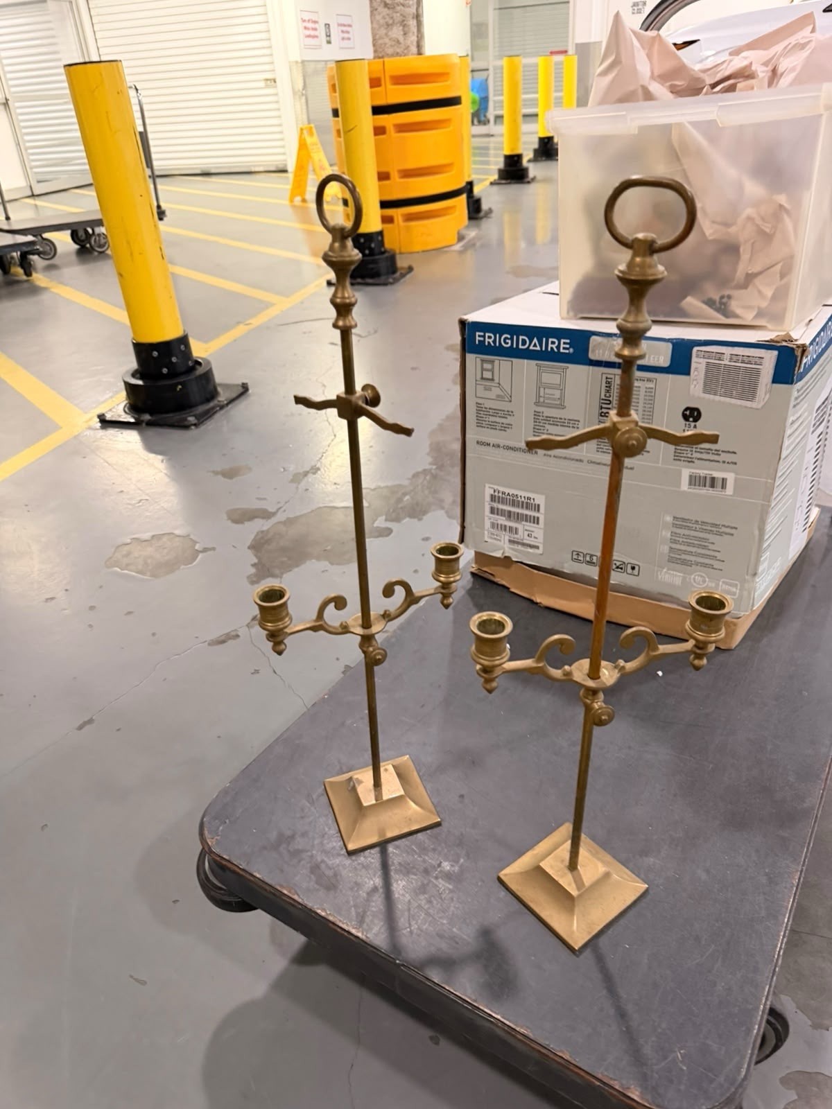 Vintage Brass Floor Candelabra Pair 27” Tall 2-Arm Candle Holders Ring Handle Vintage Brass Floor Candelabra Pair 27” Tall 2-Arm Candle Holders Ring Handle