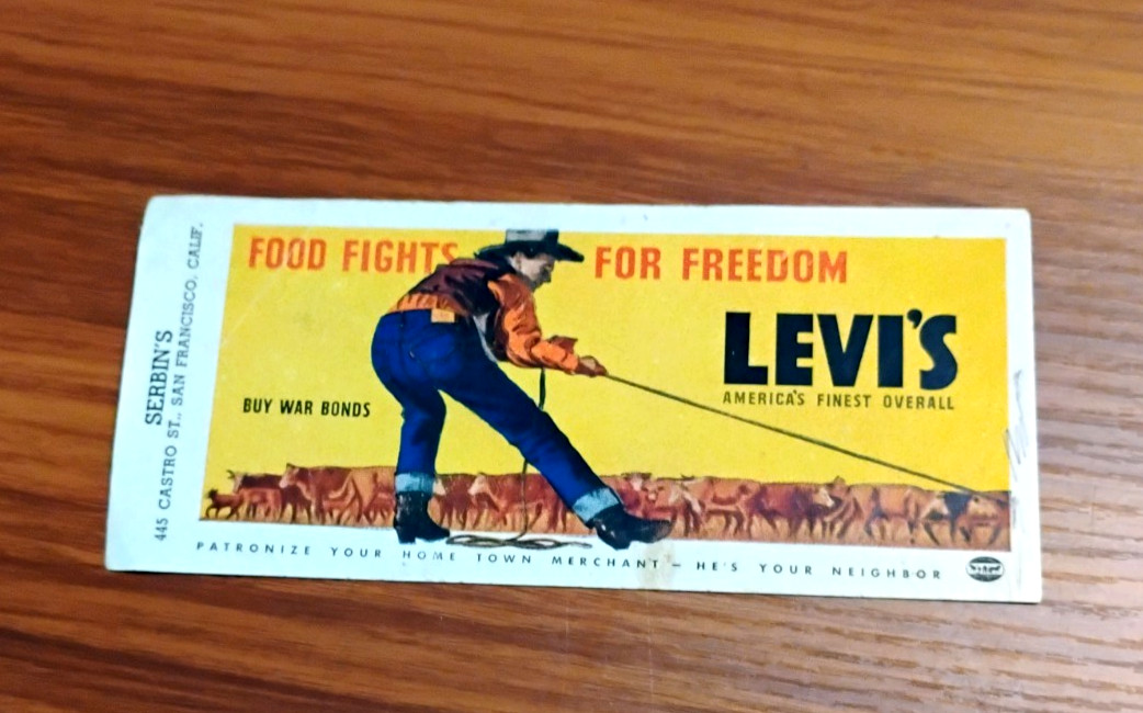 WWII VTG LEVI'S ADVERTISING INK BLOTTER WWII VTG LEVI'S ADVERTISING INK BLOTTER