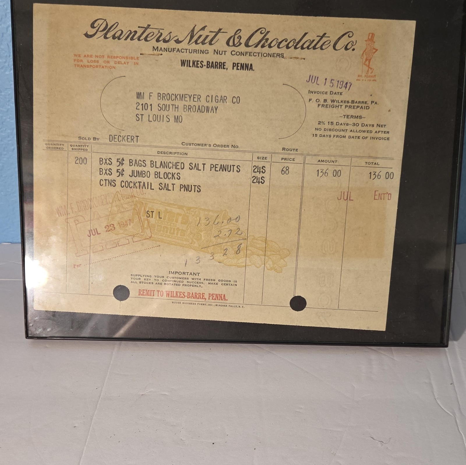 1947 Planters Nut & Chocolate Co Invoice Wilkes-Barre PA to Brockmeyer St Louis