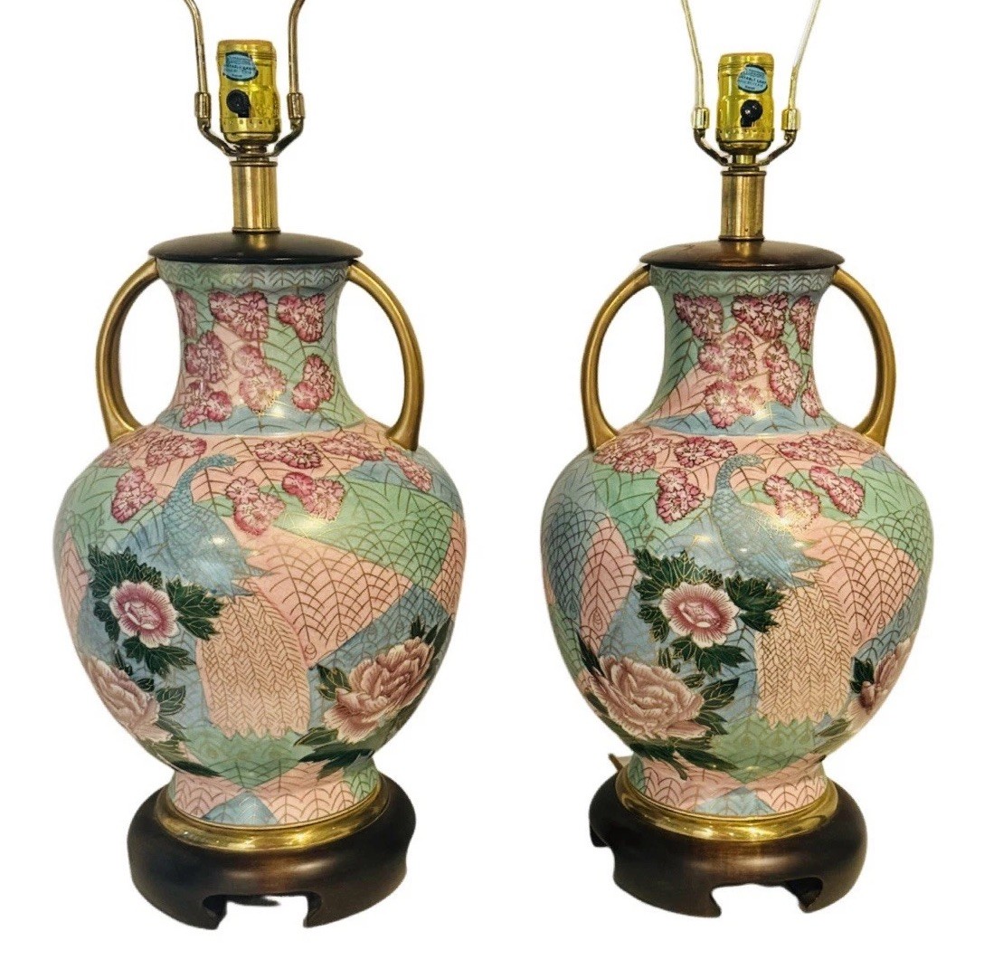 Vintage Frederick Cooper Lamps Pair Asian Chinoiserie Ceramic 20.5