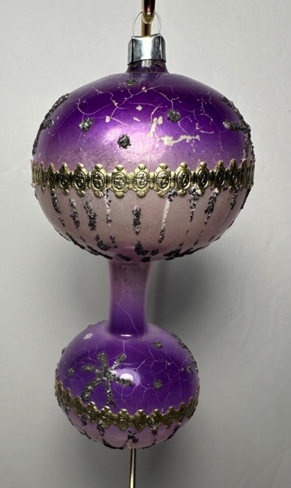 Vtg Glass Double Balloon Finial Embossed Foil Purple Ombre Ornament West Germany