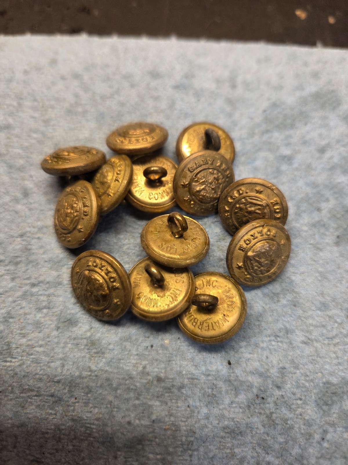 Gary Police Uniform Buttons - Lot of 13 - Waterbury Small 5/8” Gold Gary Police Uniform Buttons - Lot of 13 - Waterbury Small 5/8” Gold