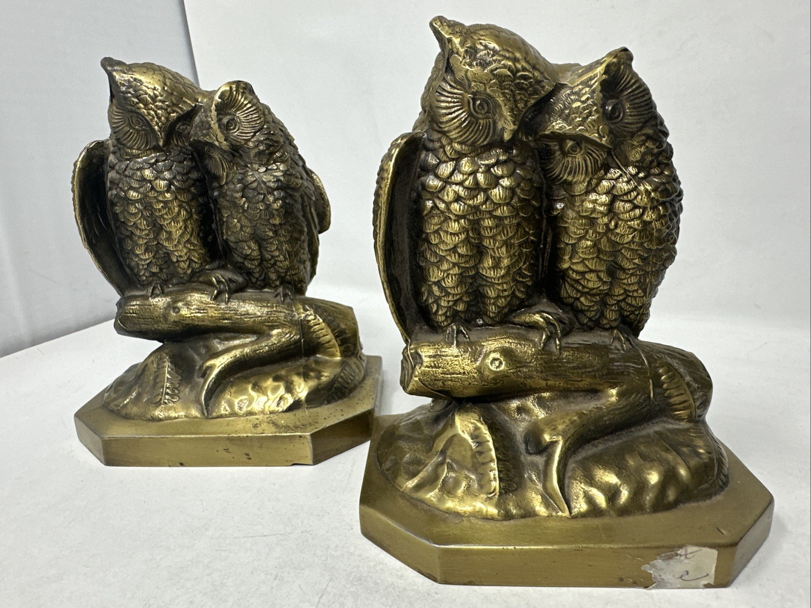 Vtg Cast Brass Owl Figurines In Love Sculpture Bookends Couple Heavy MCM 1950\'s