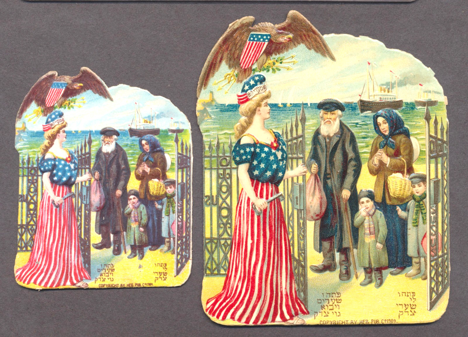 Judaica 2 RARE Old Litho. Die Cuts-Lady Liberty Welomes Refugees Small & Medium Judaica 2 RARE Old Litho. Die Cuts-Lady Liberty Welomes Refugees Small & Medium