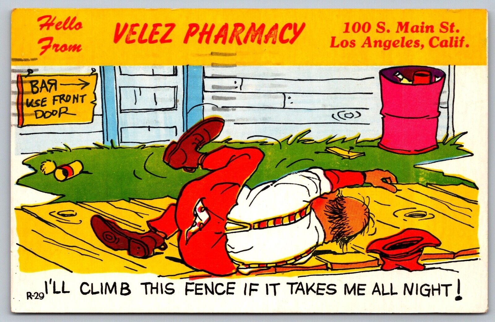 Hello From Velez Pharmacy Los Angeles CA Drunk Man Climbs Fence 1963 Postcard H5