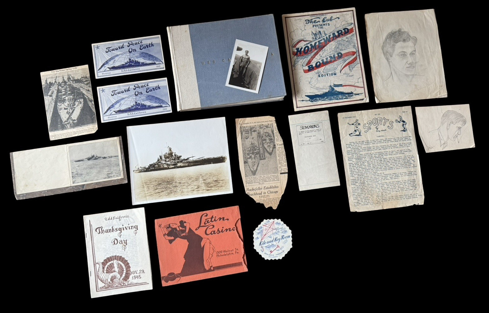 USS California Sailor Ephemera Lot Photos Booklets Programs Sketches WWII Era