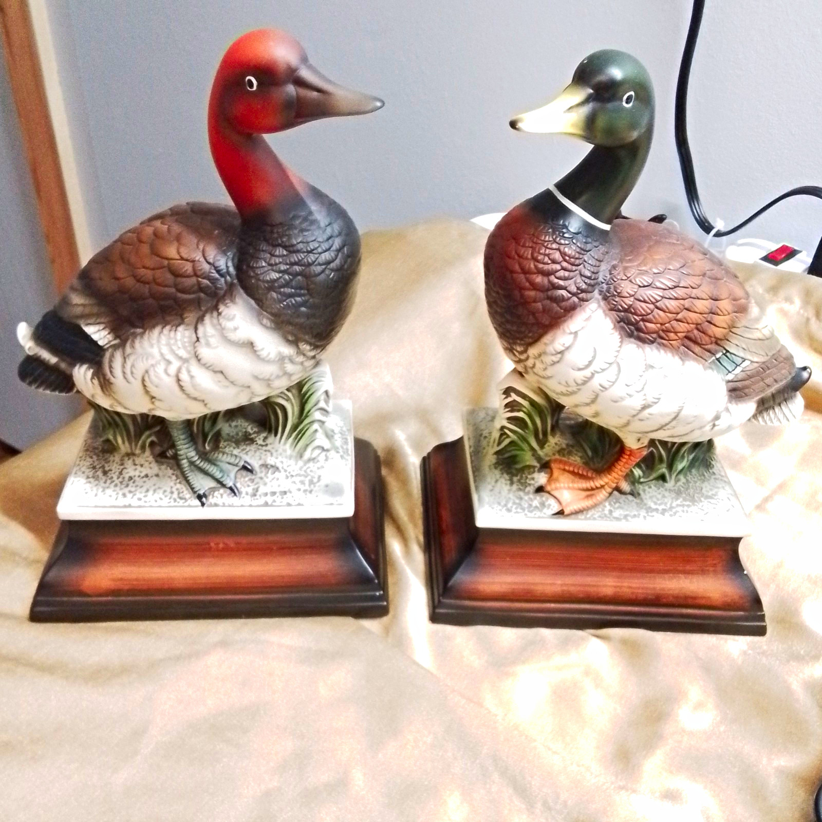 Pair Duck Bird Figurines, Ceramic on ceramic base 9 1/4\ Pair Duck Bird Figurines, Ceramic on ceramic base 9 1/4\