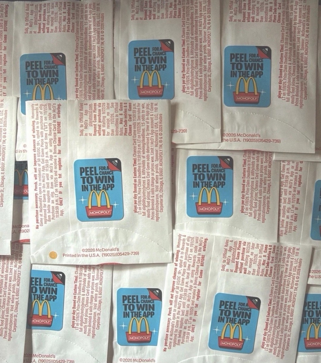 2026 UNPEELED UNREDEEMED MCDONALD\'S MONOPOLY PIECES (Lot of 100) NEW 100x...