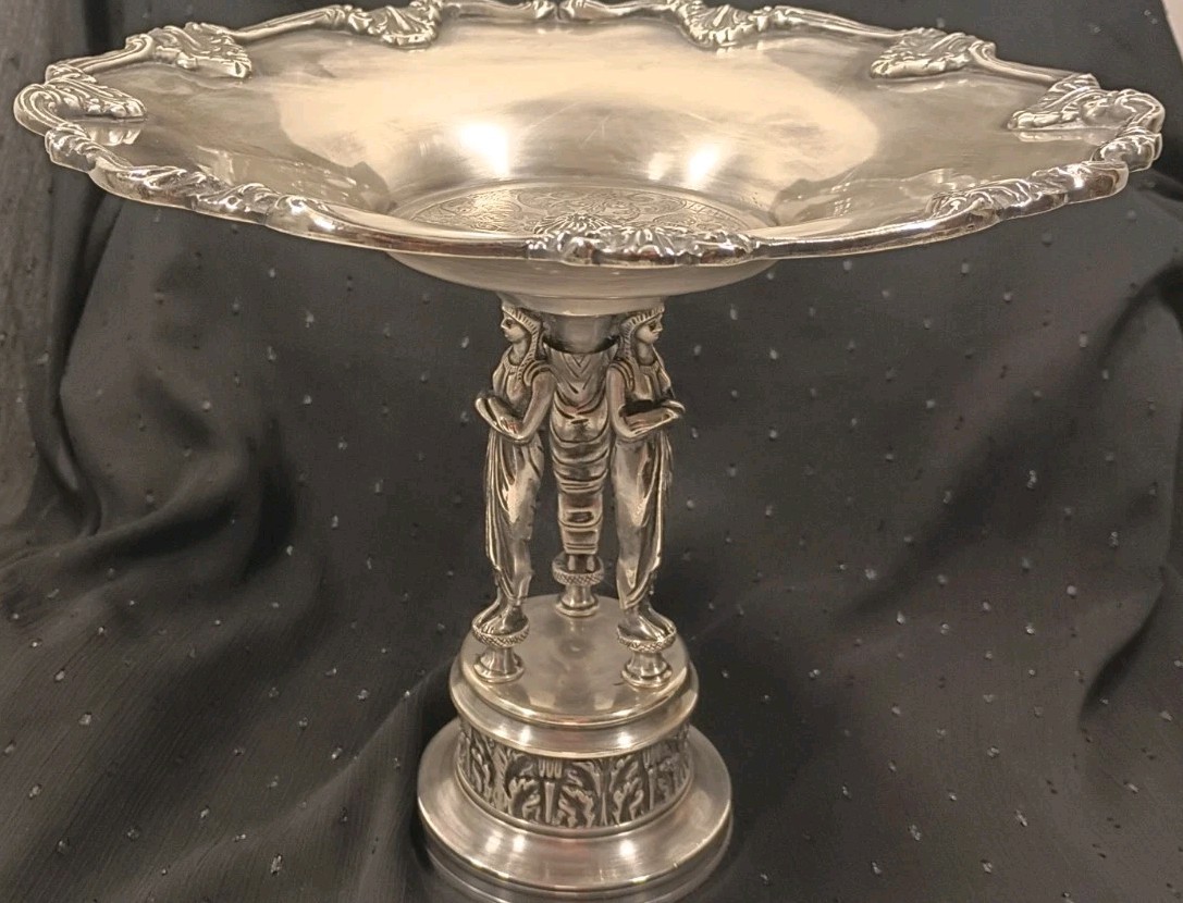 Silver Plated Neoclassical Caryatid & Filigree Centerpiece Compote Tazza Vintage Silver Plated Neoclassical Caryatid & Filigree Centerpiece Compote Tazza Vintage