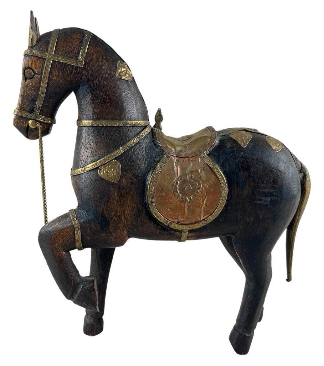 Vintage 1950s Carved Wood Horse Brass Copper Rustic Tang Style Sculpture