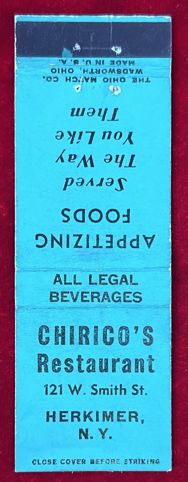 Chirico’s Restaurant Herkimer NY Vintage Front-Striker Matchbook Cover B-7341 Chirico’s Restaurant Herkimer NY Vintage Front-Striker Matchbook Cover B-7341