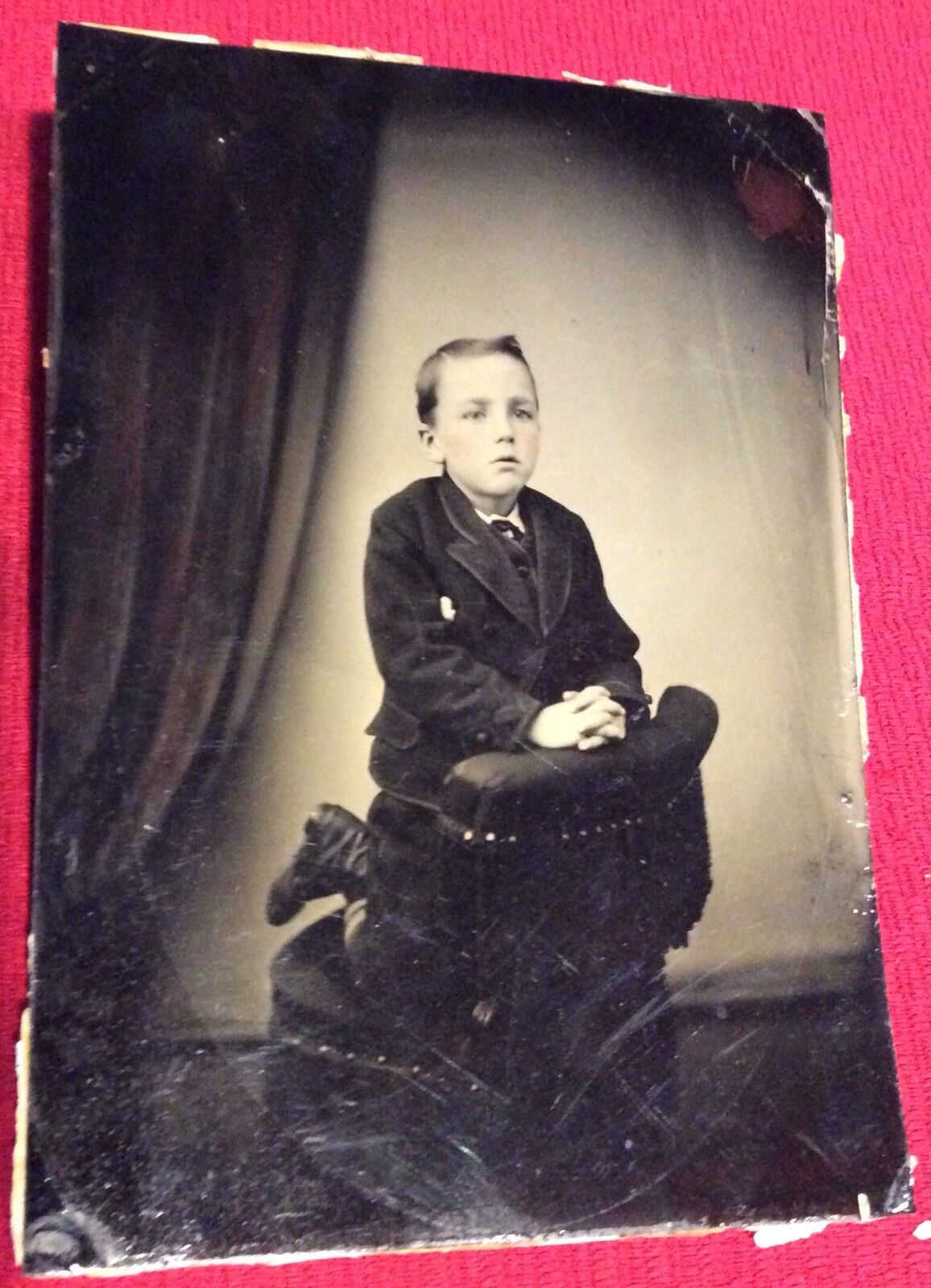 Antique Victorian Rare Unusual Photo Tintype Of A Kneeling Young Boy