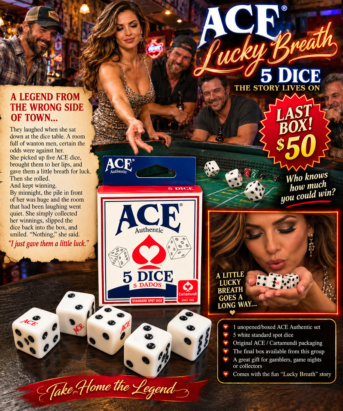 ACE Authentic 5 Dice Lucky Breath Last Box Cartamundi Standard Spot Dice $50.ACE