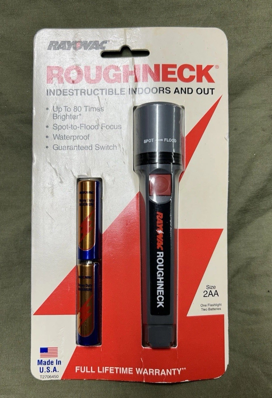 NEW Vintage Ray-O-vac Roughneck Waterproof Flashlight w/ 2AA Batteries Rayovac
