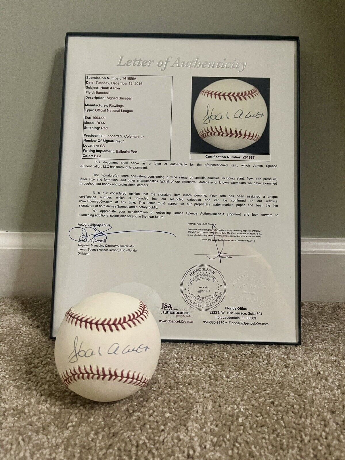 Hank Aaron signed baseball JSA