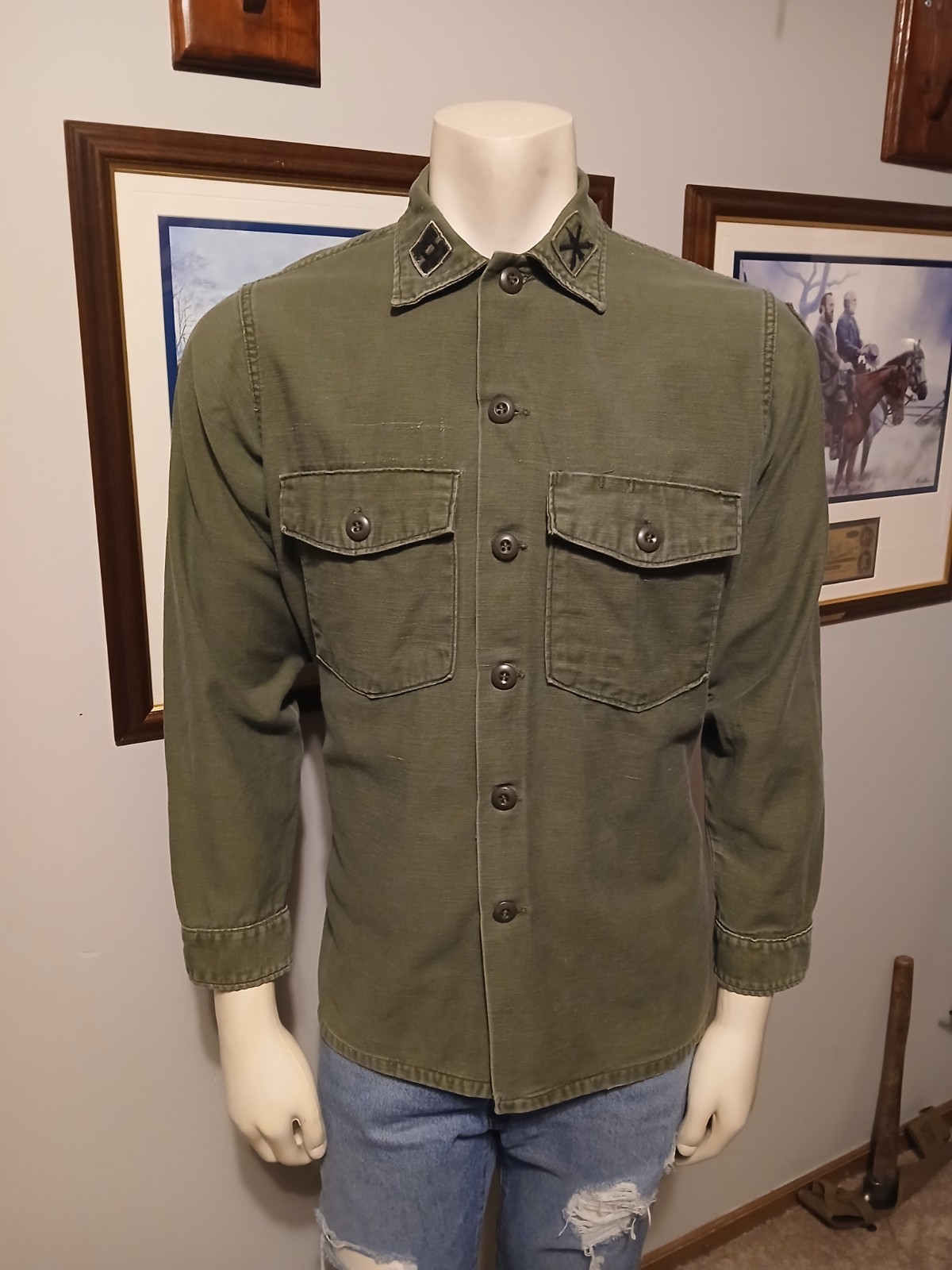 Vintage 1970s US Army OG-107 38th Defense Artillery Brigade Vietnam War Shirt.
