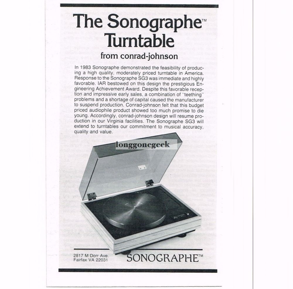 1985 Conrad Jonson Sonographe SG3 Turntable Stereo Hi-Fi VINTAGE Print Ad