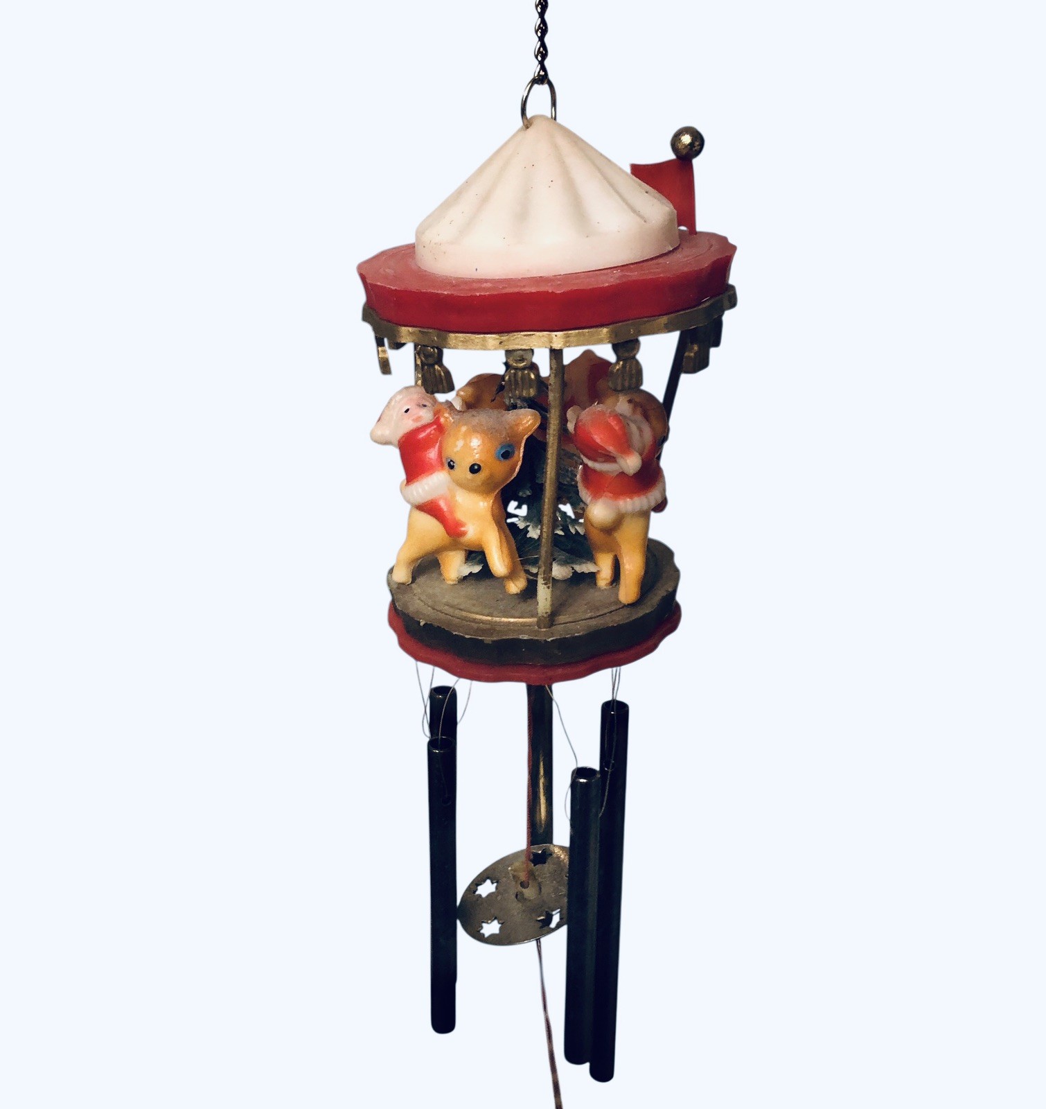Vintage Christmas Plastic Santa & Reindeer Merry-Go-Round Chime Hong Kong 1974
