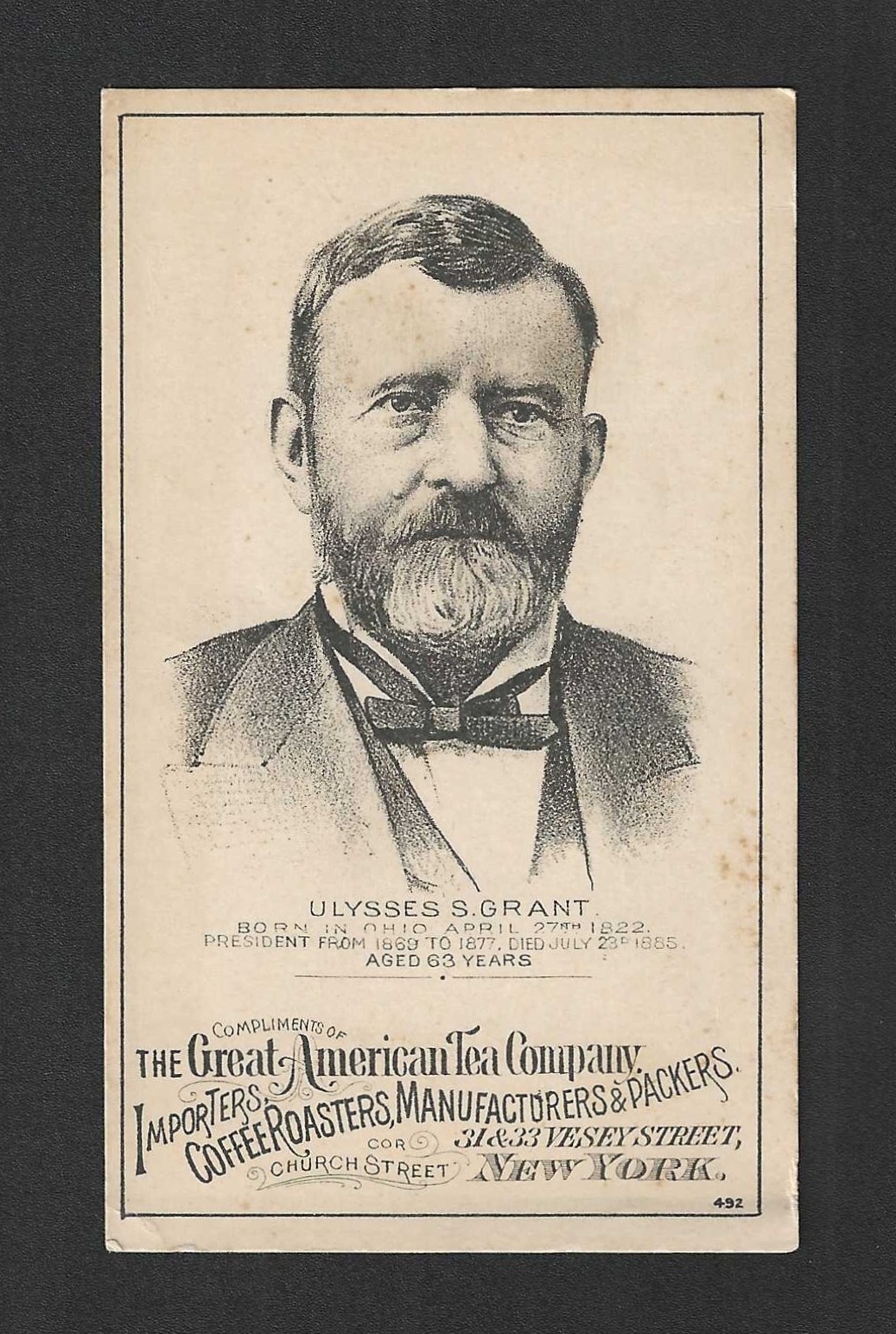 c1880's HD2A Trade Card - Great American Tea Company - President Ulysses S Grant c1880's HD2A Trade Card - Great American Tea Company - President Ulysses S Grant