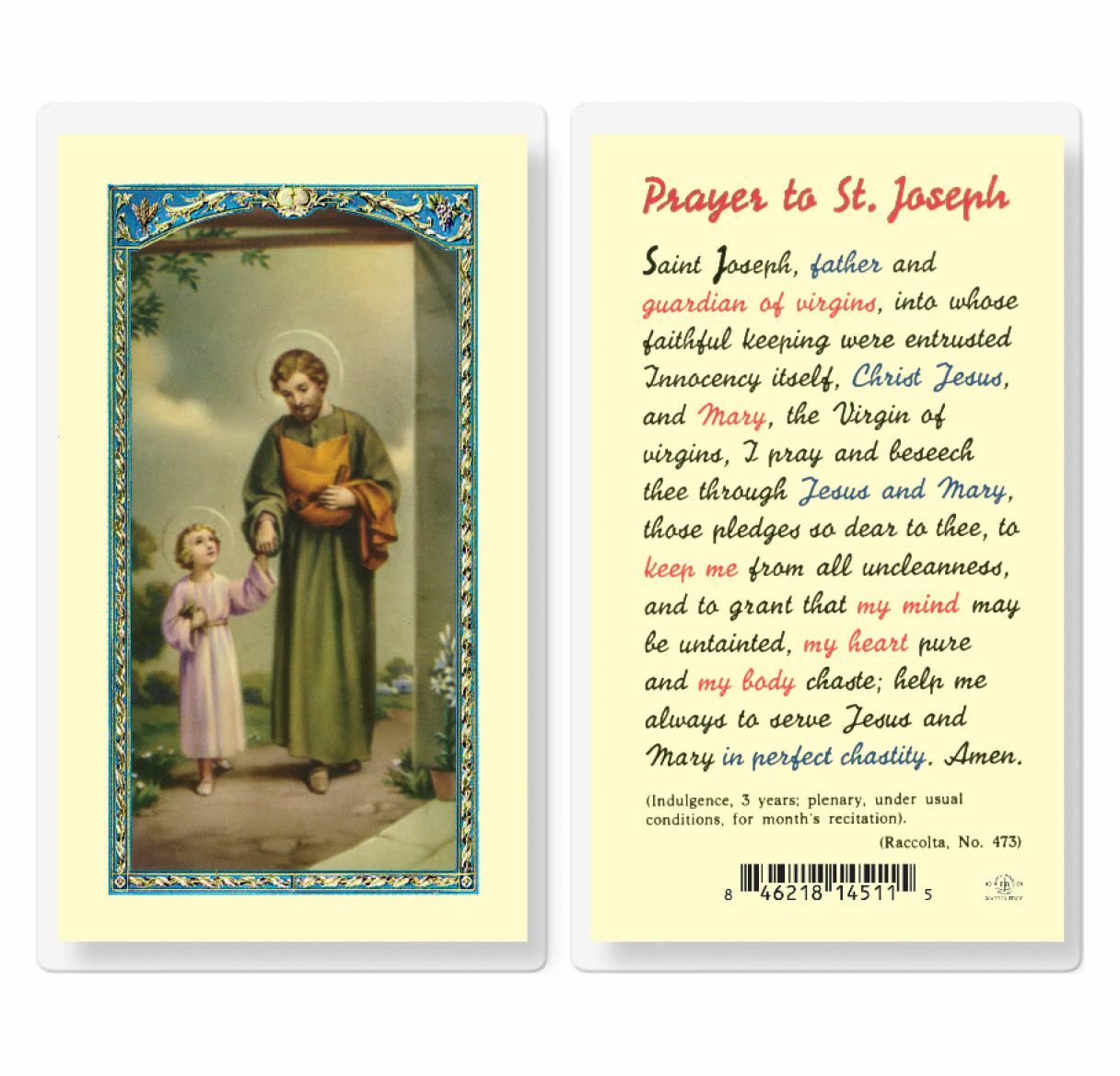 St. Saint Joseph with Prayer to St. Joseph - Laminated Holy Card E24-629 St. Saint Joseph with Prayer to St. Joseph - Laminated Holy Card E24-629