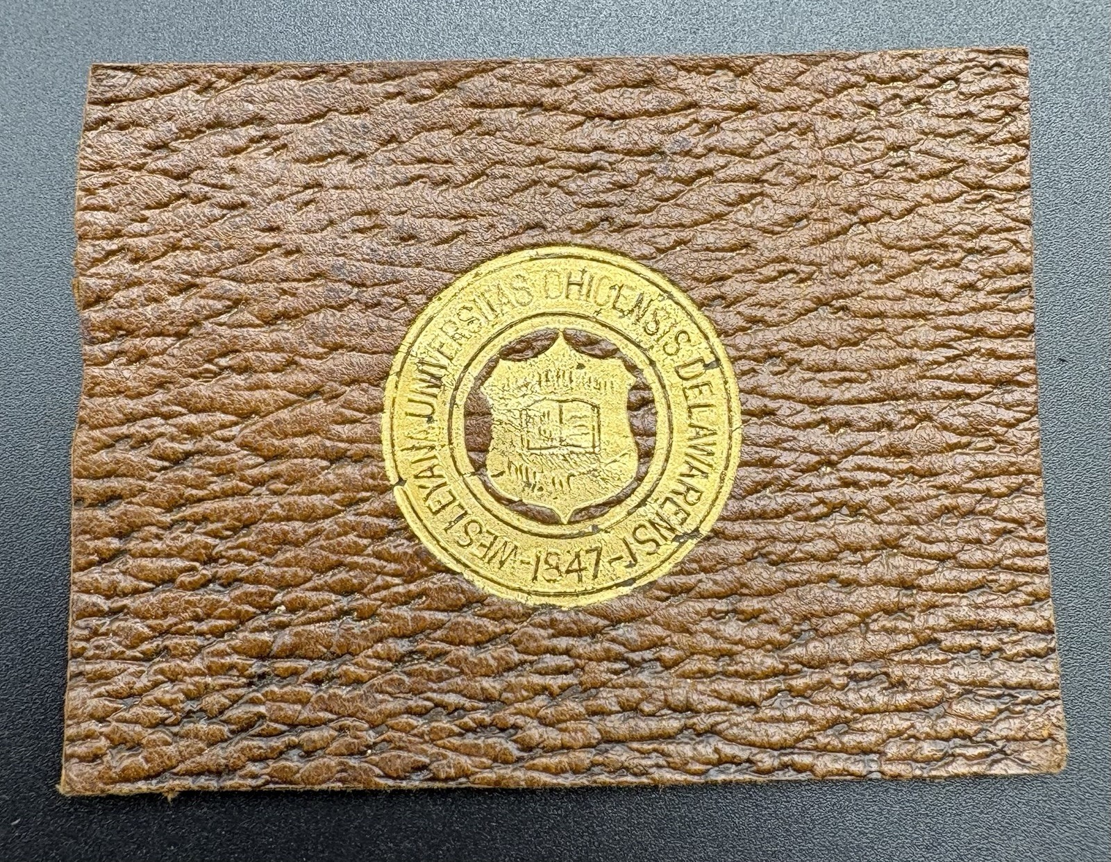 c1910 L20 Wesleyan University College Seal Tobacco Leather Antique