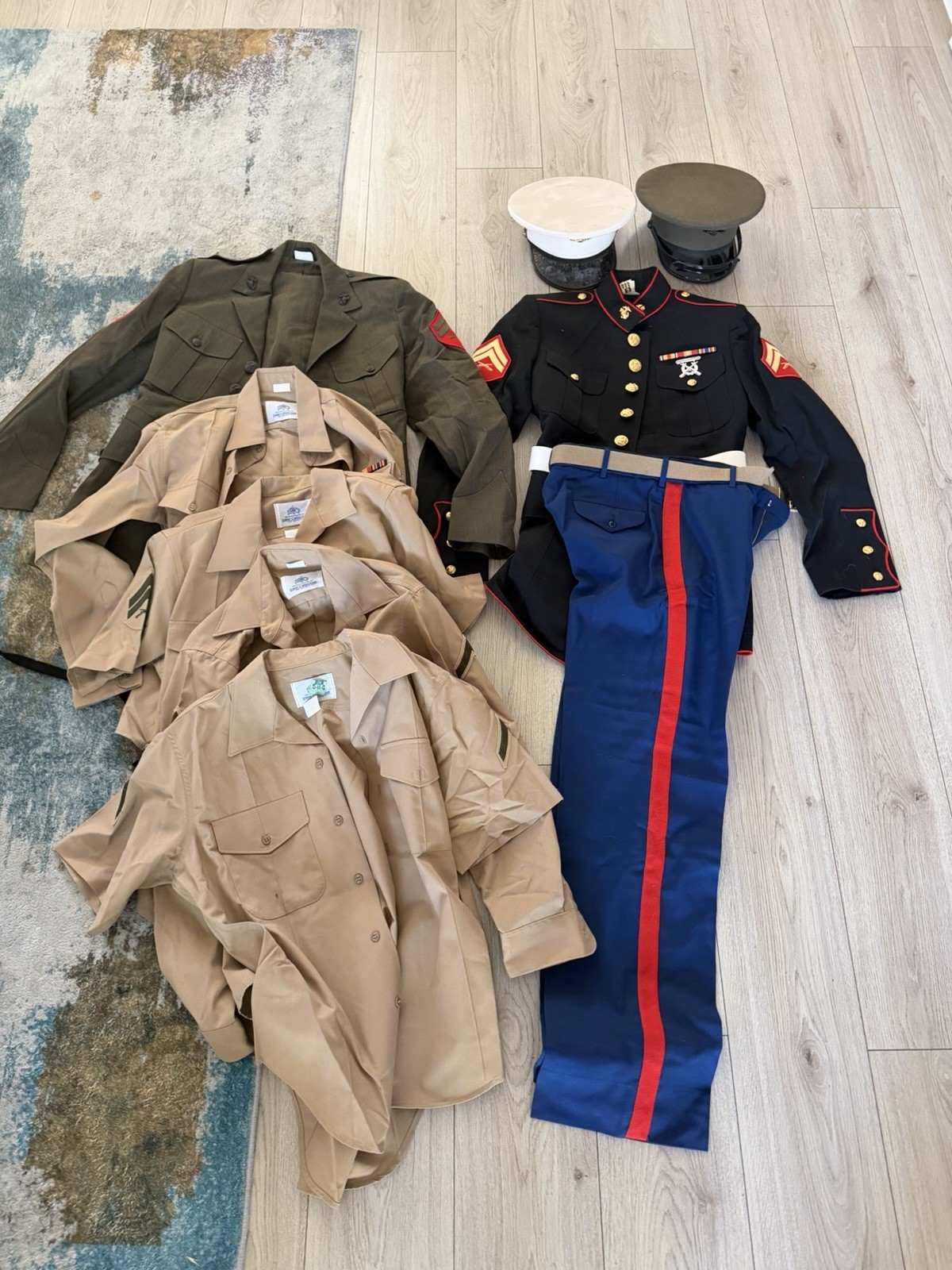 USMC Marine Corps Uniform Lot Dress Blues Alpha Shirts Caps Trousers Belt