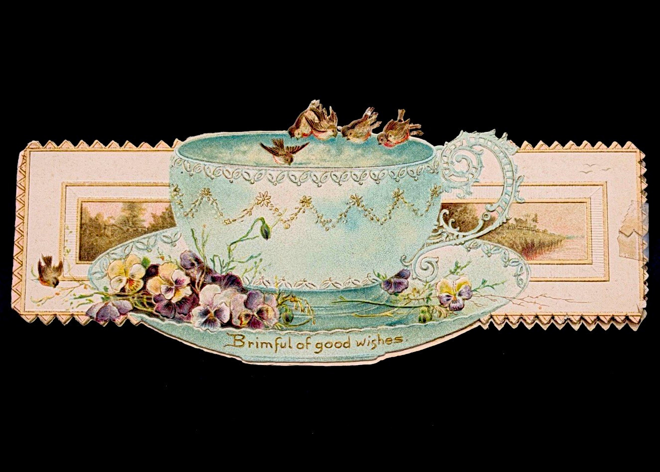 Antique Raphael Tuck Die Cut Teacup Pansy Greeting Card Saxony Victorian Antique Raphael Tuck Die Cut Teacup Pansy Greeting Card Saxony Victorian