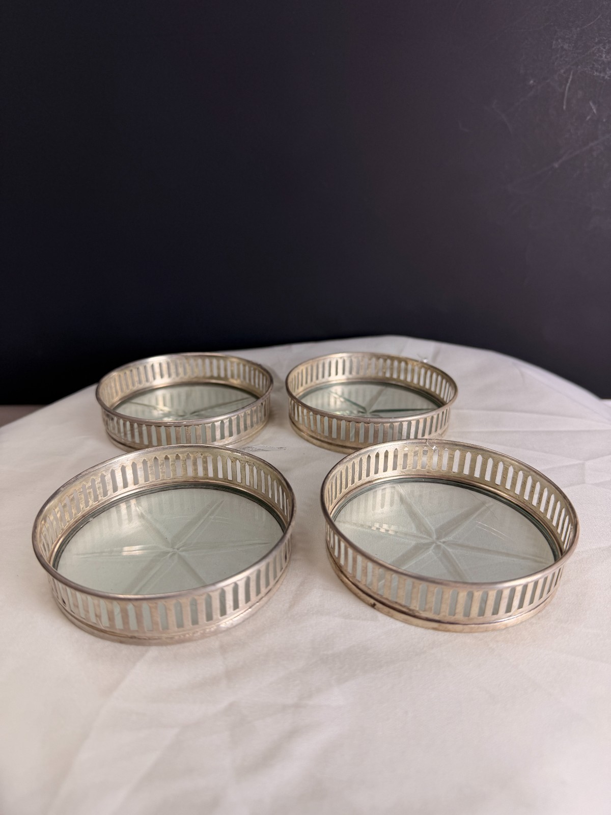 4pc Antique STERLING Silver 1940-1960s Starburst Coaster Set 4pc Antique STERLING Silver 1940-1960s Starburst Coaster Set