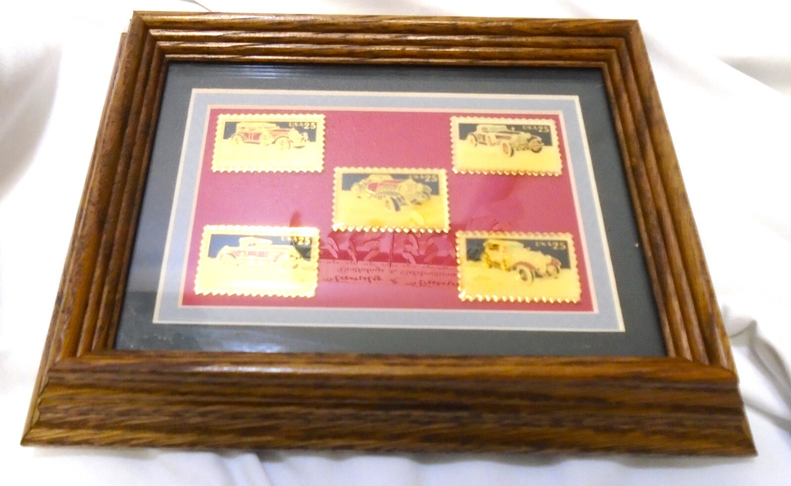 VTG Antique Classic Car SET of 5 US POSTAGE Metal Stamps OAK FRAMED Rare