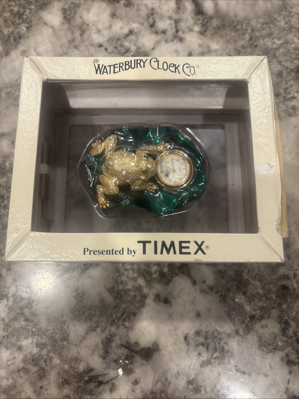 Waterbury Clock Co. Gold Bejeweled Frog Lilly Pad Snall Desk Clock Box & Instr Waterbury Clock Co. Gold Bejeweled Frog Lilly Pad Snall Desk Clock Box & Instr