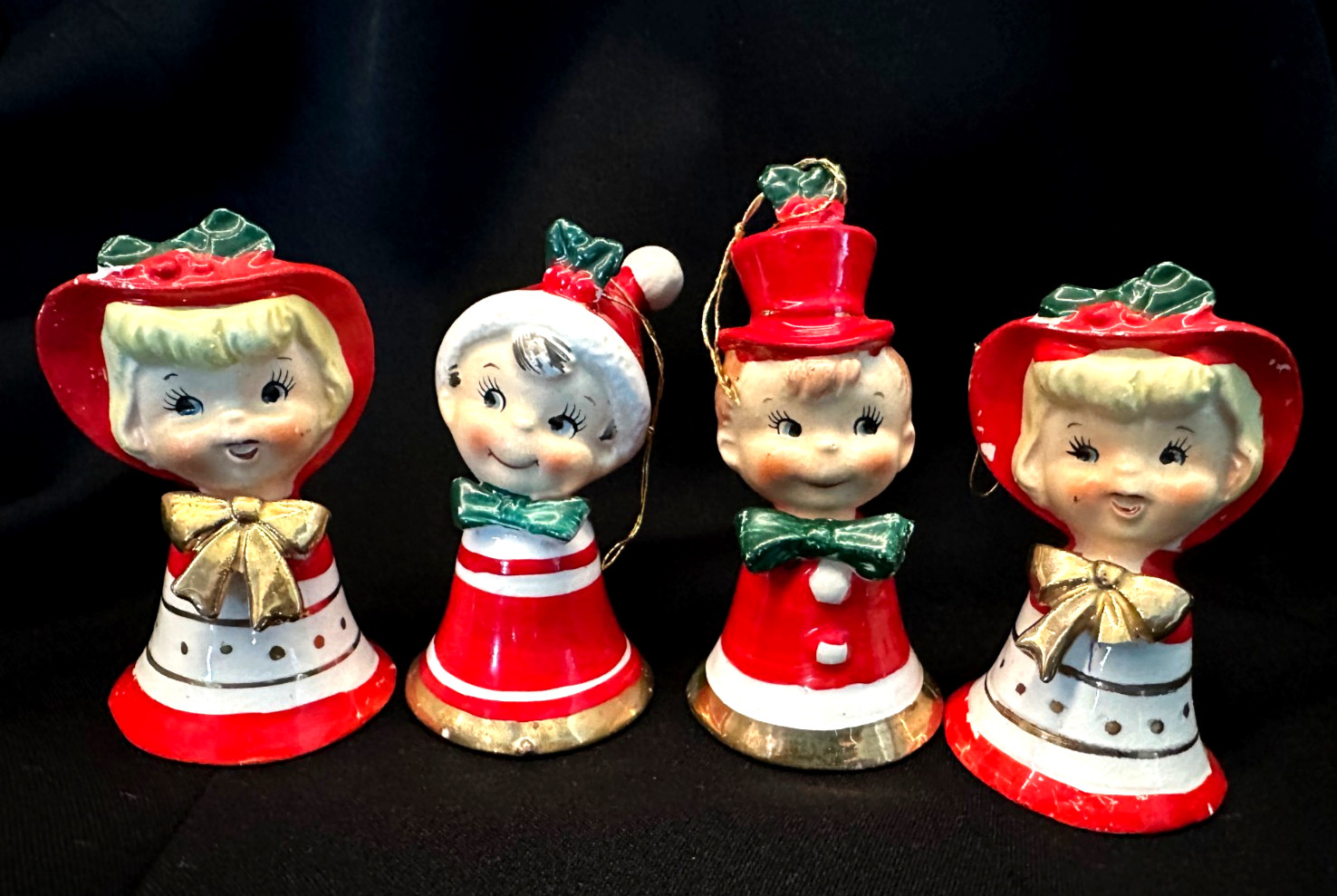 1950's Set 4 Vintage Lefton Christmas Ceramic Elf Boys And Girls Bells Figurines 1950's Set 4 Vintage Lefton Christmas Ceramic Elf Boys And Girls Bells Figurines