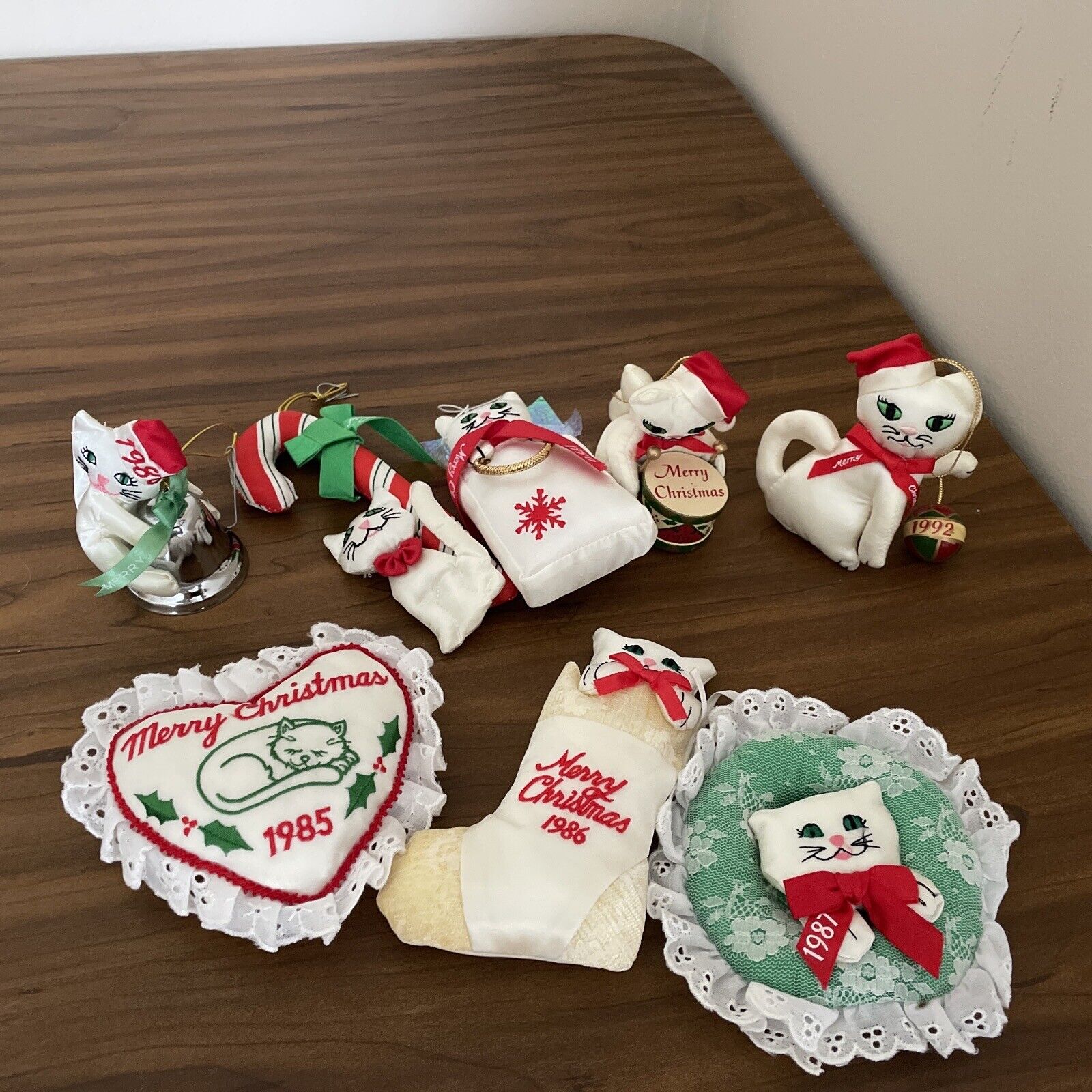 Vintage 8 lot Fancy Feast Christmas Ornaments 1985-1992 White Satin Cat Green