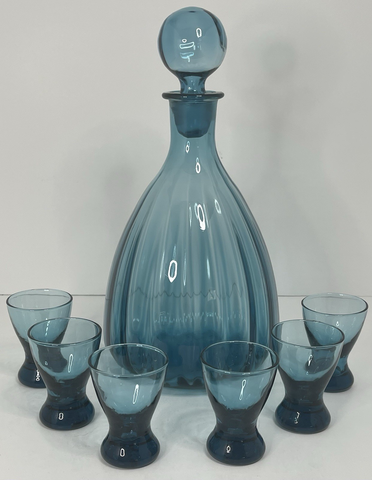 Vintage Aqua Blue Hand Blown Optic Glass Decanter Set 6 Glasses 7 Pc MCM