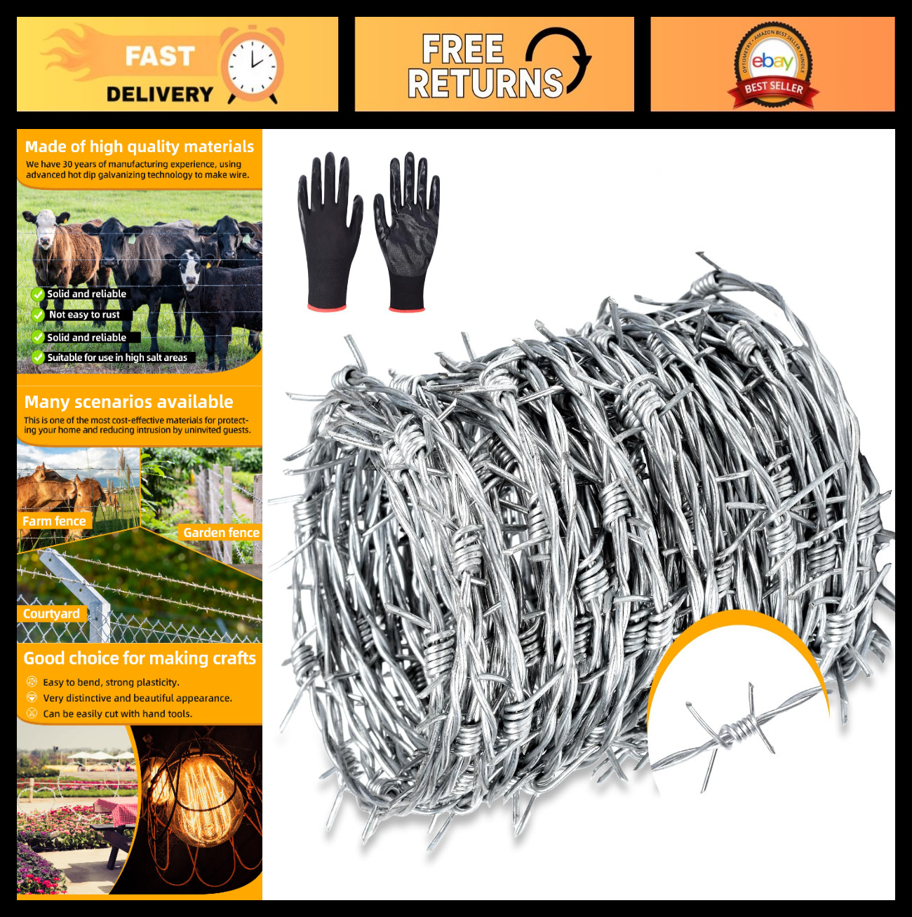 328ft Barbed Wire Roll - 4 Point 16 Gauge Hot-Dip Galvanized for Fencing & Craft 328ft Barbed Wire Roll - 4 Point 16 Gauge Hot-Dip Galvanized for Fencing & Craft