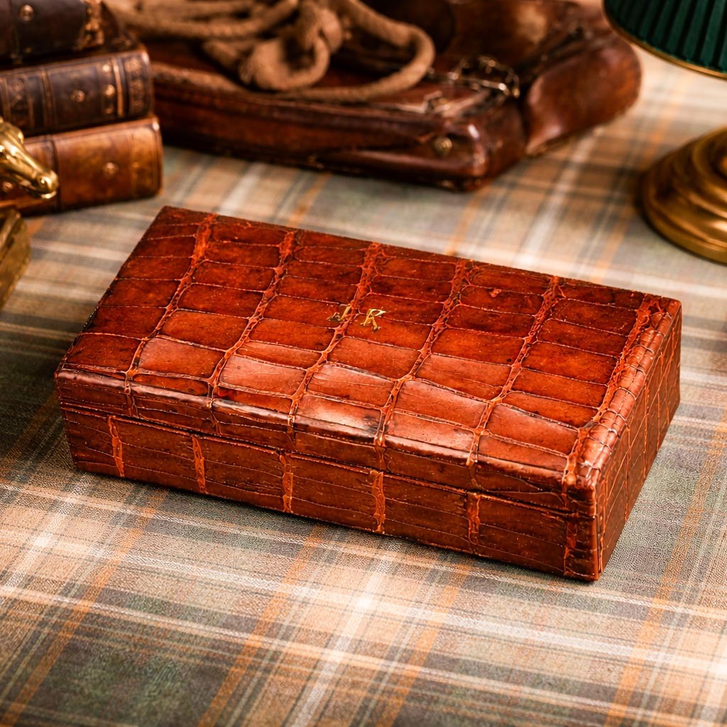 Handsome Antique Victorian Brown Alligator Leather Jewelry Trinket Box