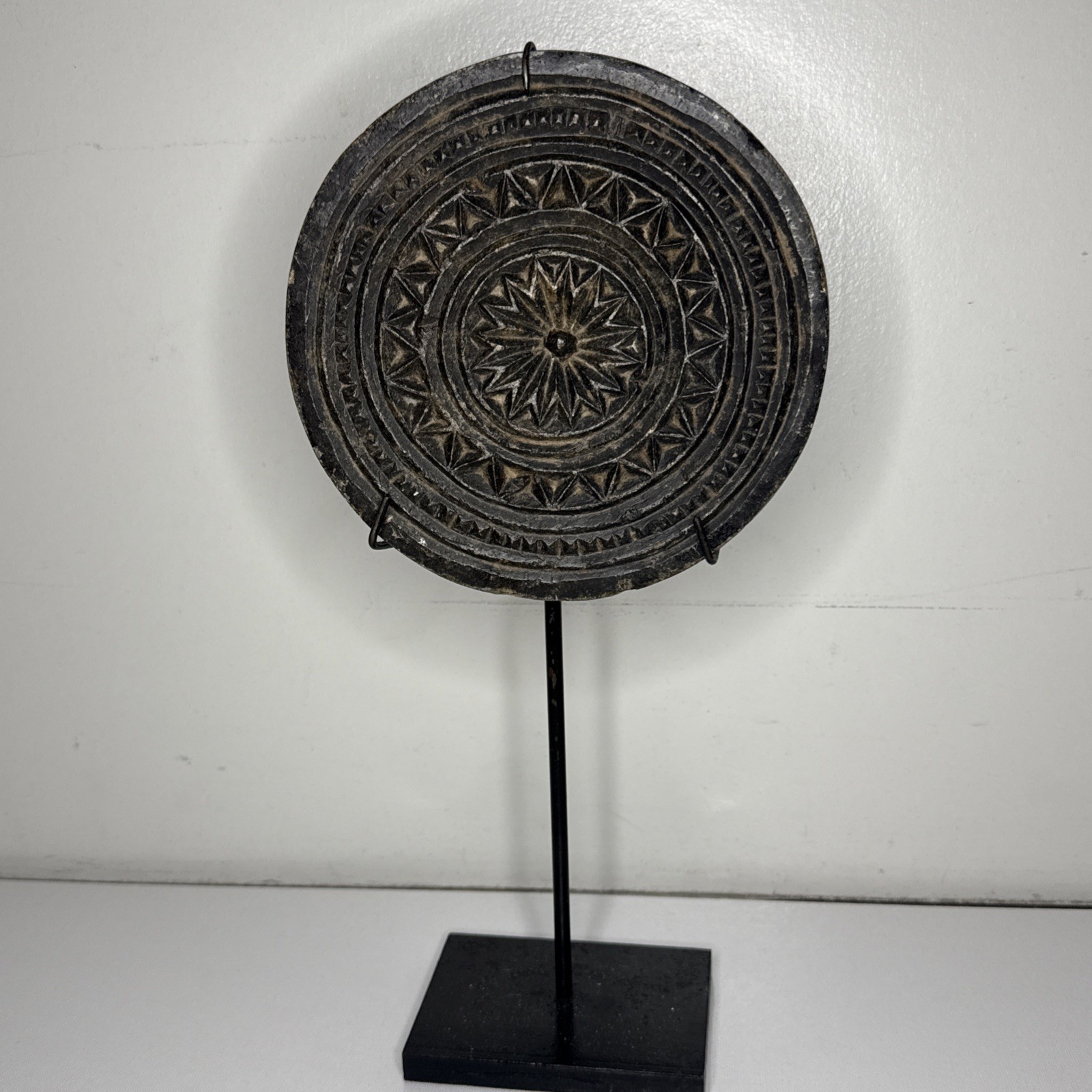 Antique Hand Carved Black Stone Disc Sculpture 6.5