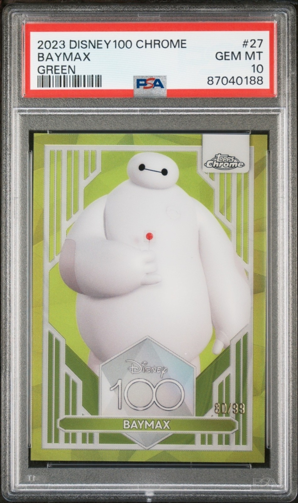 2023 TOPPS CHROME DISNEY 100 BAYMAX /99 GREEN REFRACTOR PSA 10 2023 TOPPS CHROME DISNEY 100 BAYMAX /99 GREEN REFRACTOR PSA 10