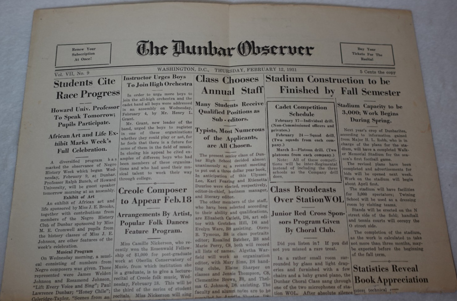 The Dunbar Observer 1931 Catlett Bunche Washington DC High School Newspaper
