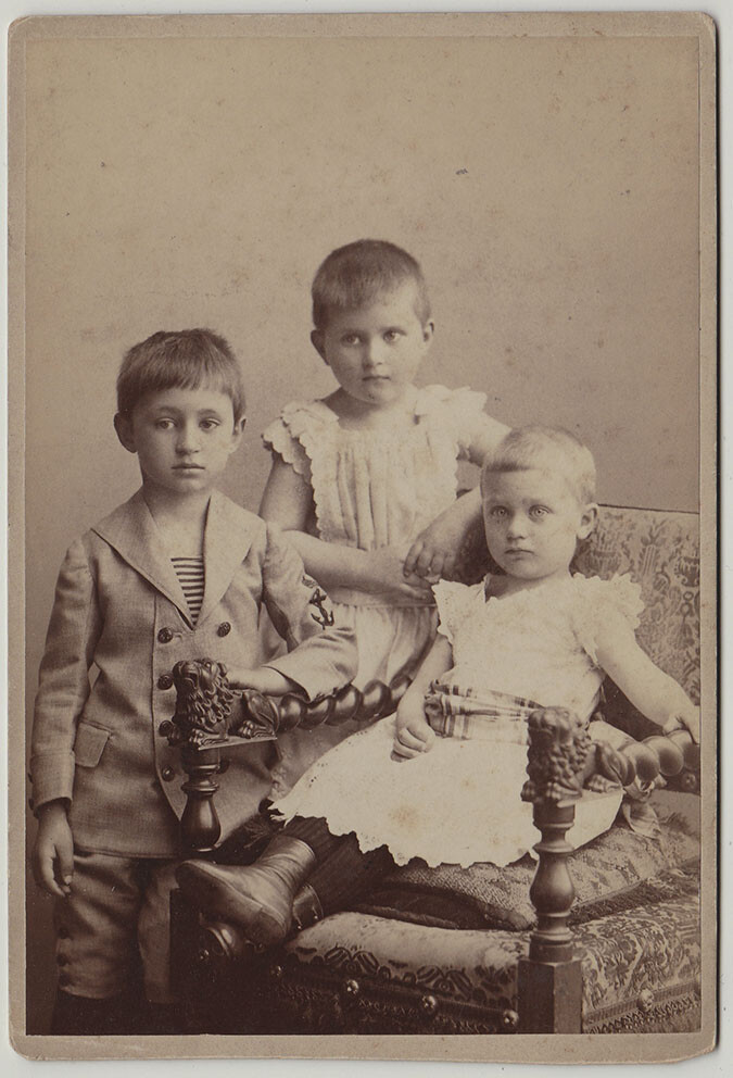 Original 1892 CC three handsome boys in girl\'s clothes by Studio Adele, Vienna Original 1892 CC three handsome boys in girl\'s clothes by Studio Adele, Vienna