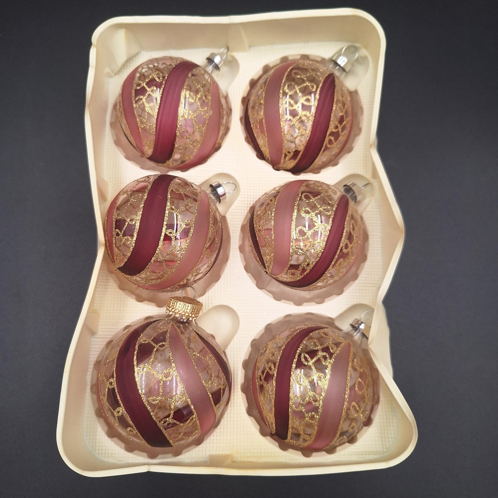 Vintage Krebs Set 6 Glass Christmas Ball Ornaments Pink Gold Original Box