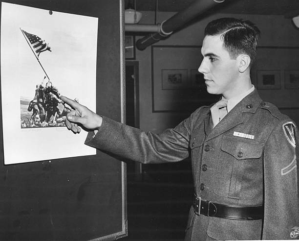 Marine Private First Class Rene Gagnon points himself out historic- Old Photo Marine Private First Class Rene Gagnon points himself out historic- Old Photo